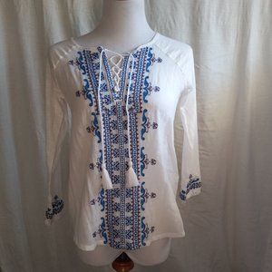 Lucky Brand White Long Sleeve Embroidered Shirt Size XS